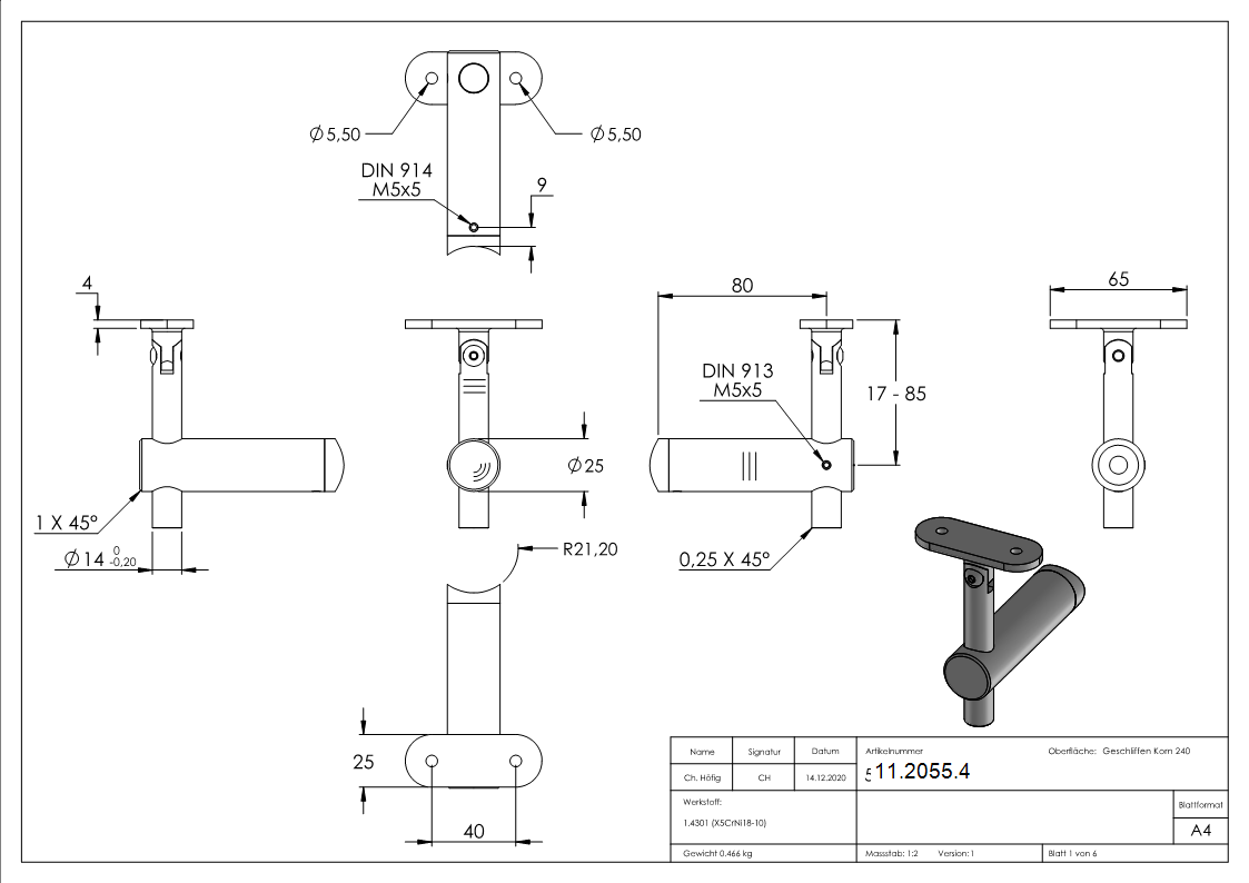 Handlaufhalter mit Gelenk und Halteplatte für Ø 42,4 mm V2A