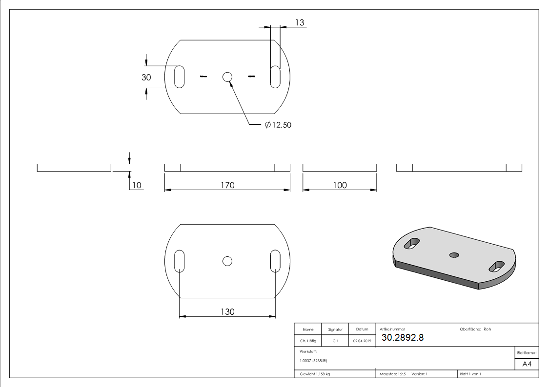 Ankerplatte 170x100x10 mm 3 Bohrungen |  Stahl roh