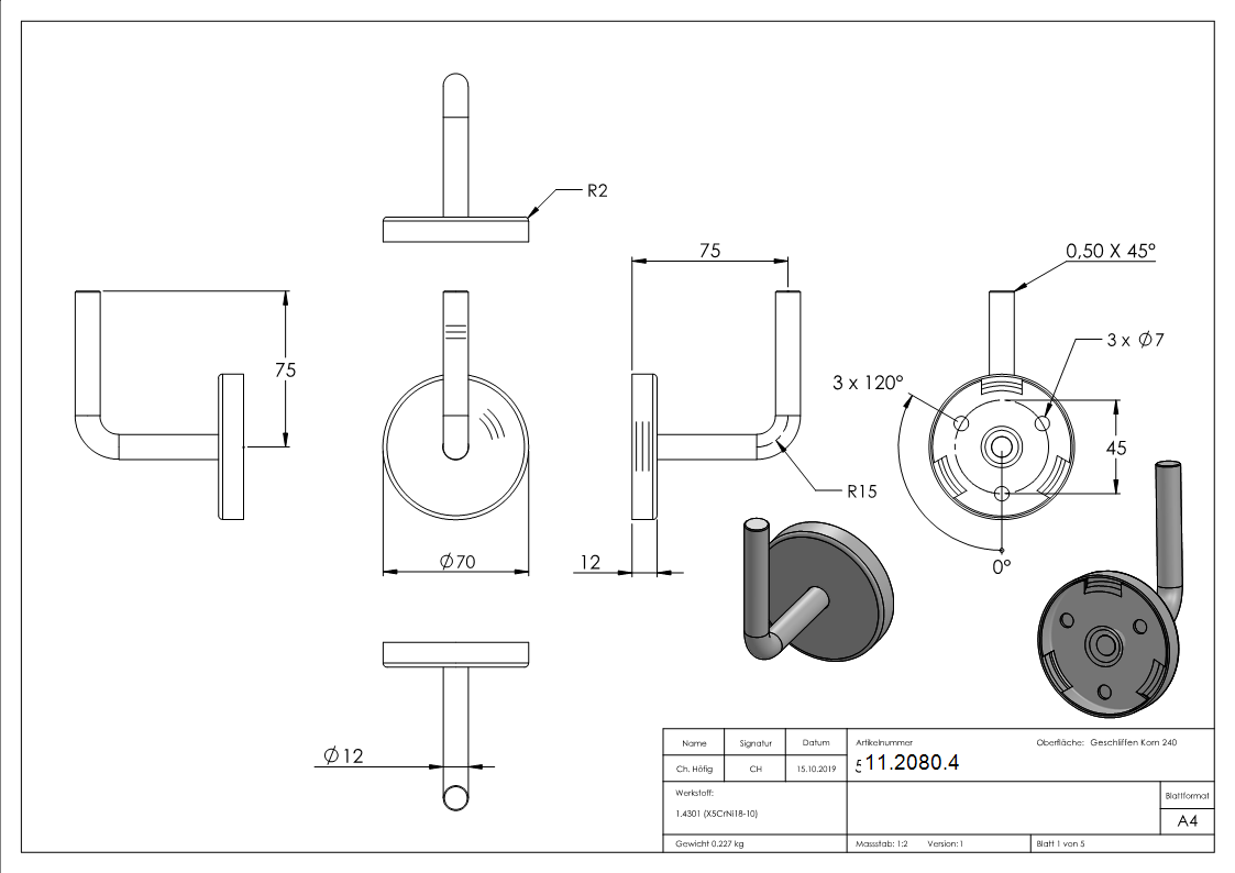 Handlaufhalter mit Ronde 70x2 mm zum Anschweißen V2A