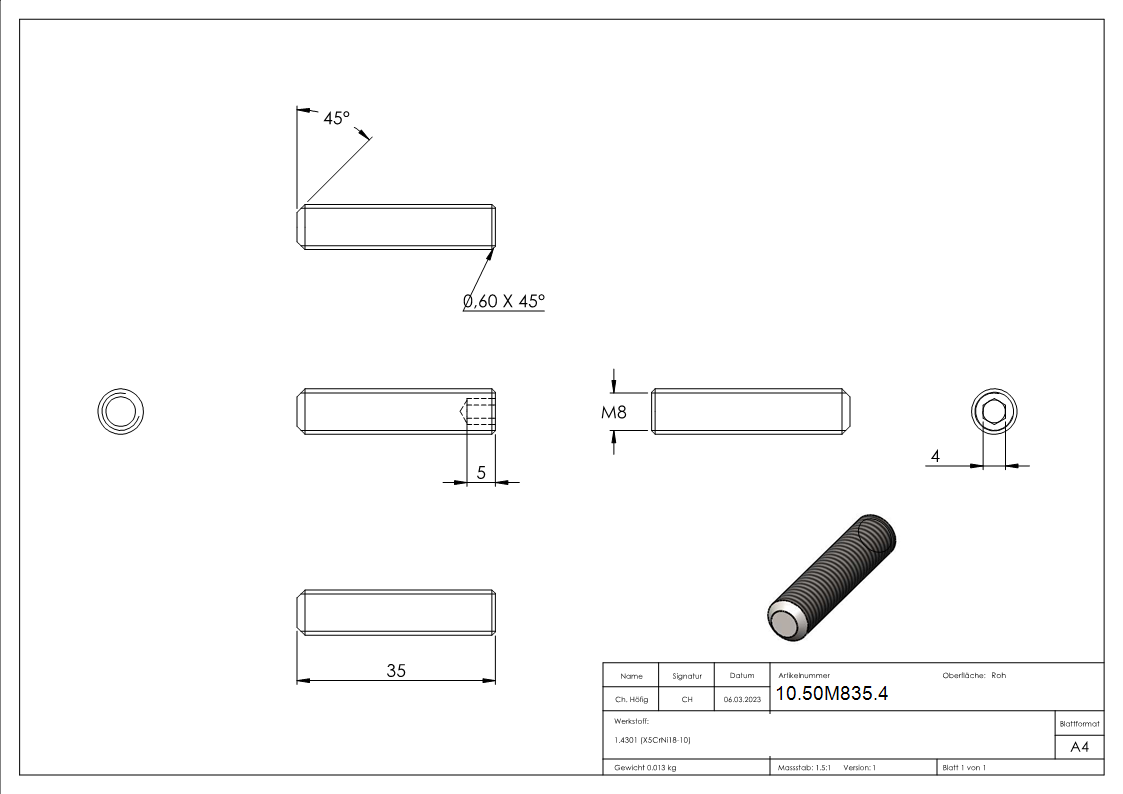 Gewindestift V2A M8x35 DIN 913 Innensechskant Kegelkuppe-10-50M835.4