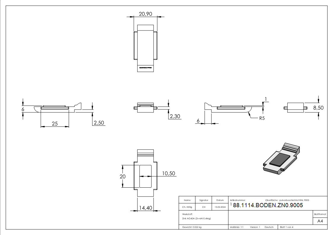 Sicherungsboden Zinkdruckguss fuer Modell 14- 52 x 52 x 32-5 mm RAL 9005 matt-88-1114-BODEN-ZN0.9005
