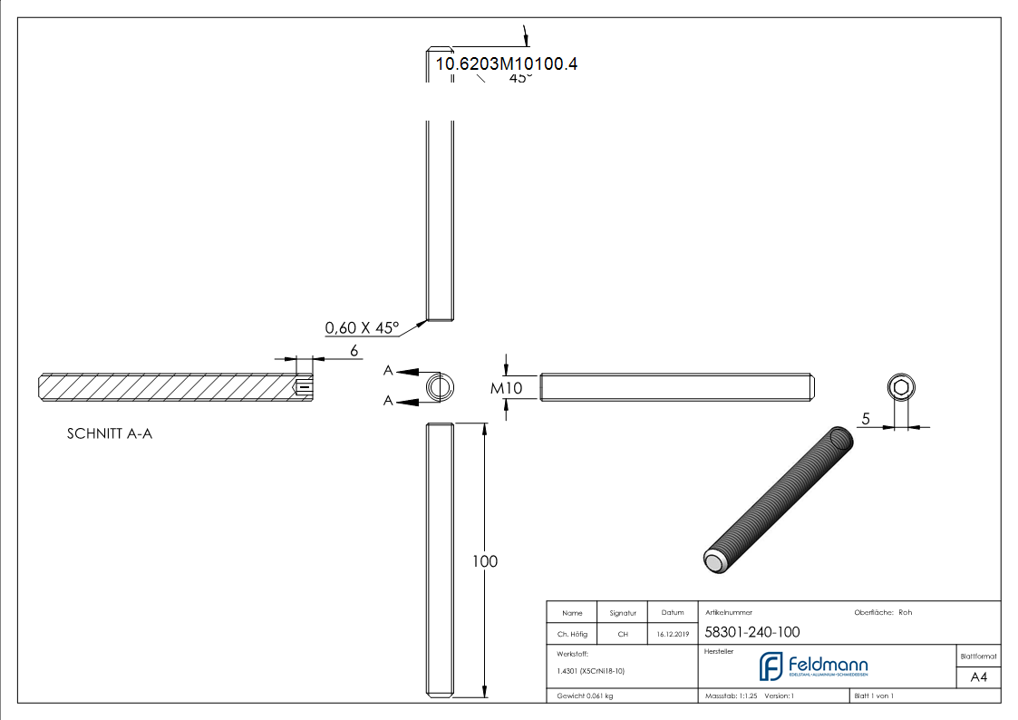 Gewindestift V2A M10x100 Innensechskant Kegelkuppe DIN 913-10-6203M10100.4