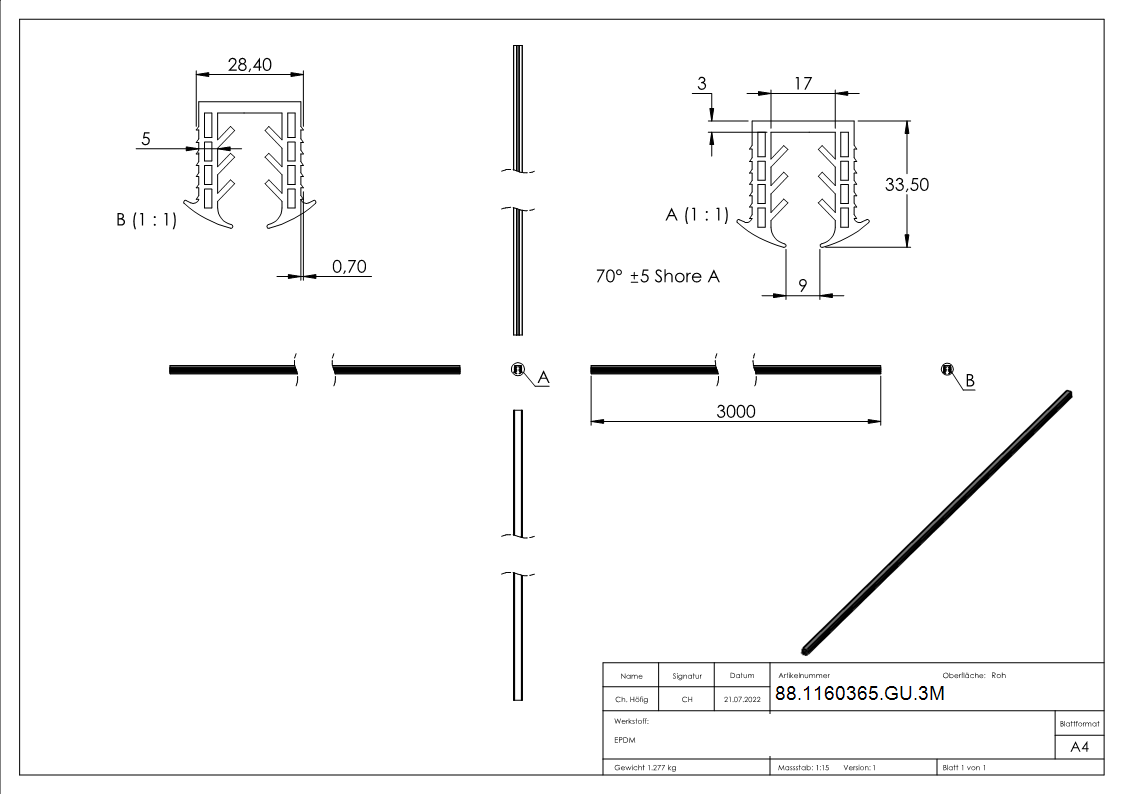 Keildichtung Glas 10,00 – 13,52mm, für Nut 27 x 30mm, Länge 3m, EPDM