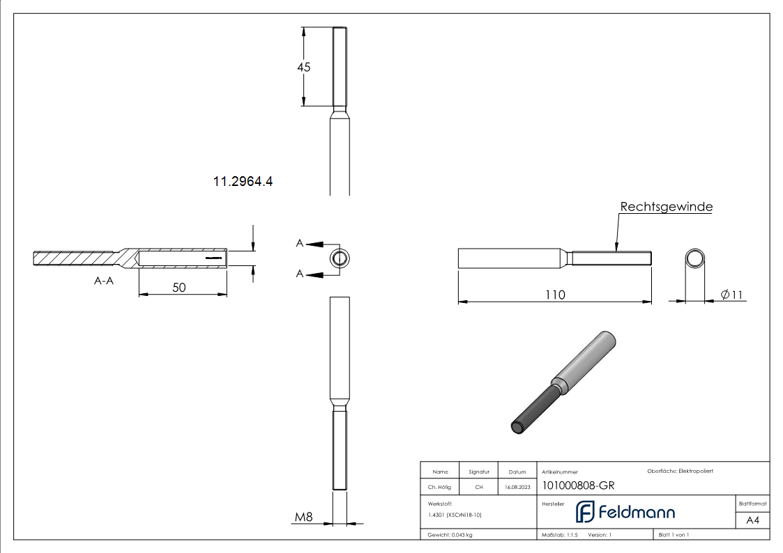 Gewindeterminal mit Aussengewinde - Rechtsgewinde - Fuer Seil von Ø 8 mm -V2A-11-2964.4