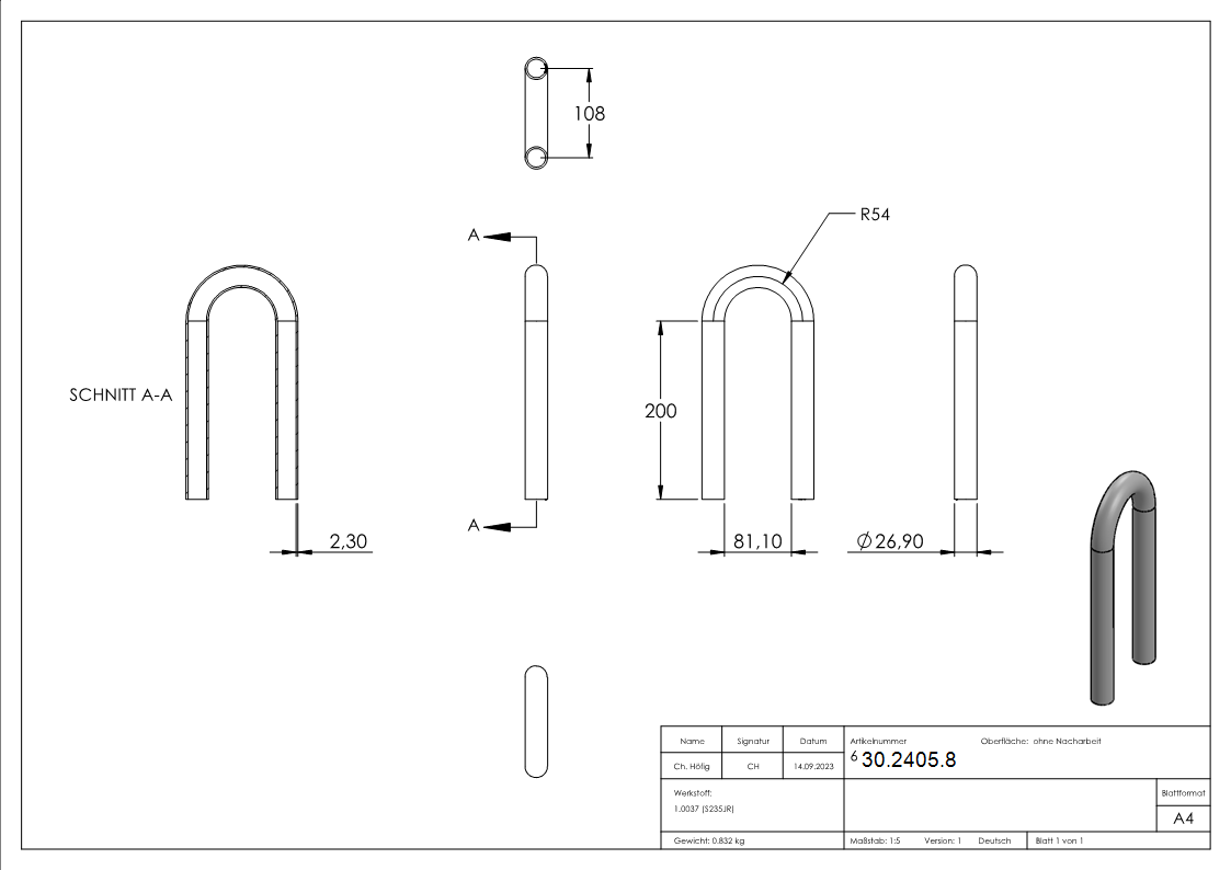 Rohrbogen 180° Stahl roh - 26-9 x 2-0 mm -¾- - S235JR-30-2405.8