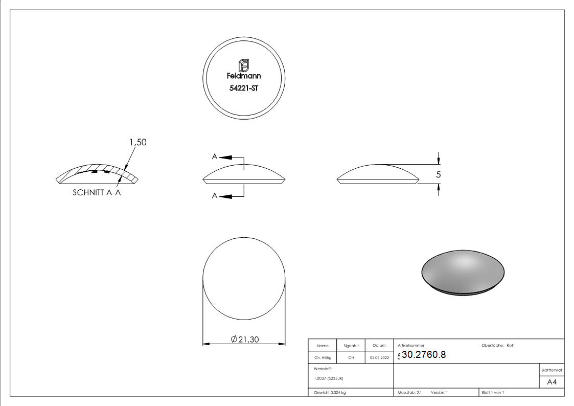 Klopperboden Rohrabschluss Ø 21,9x1,5 mm Stahl roh Höhe: 5 mm