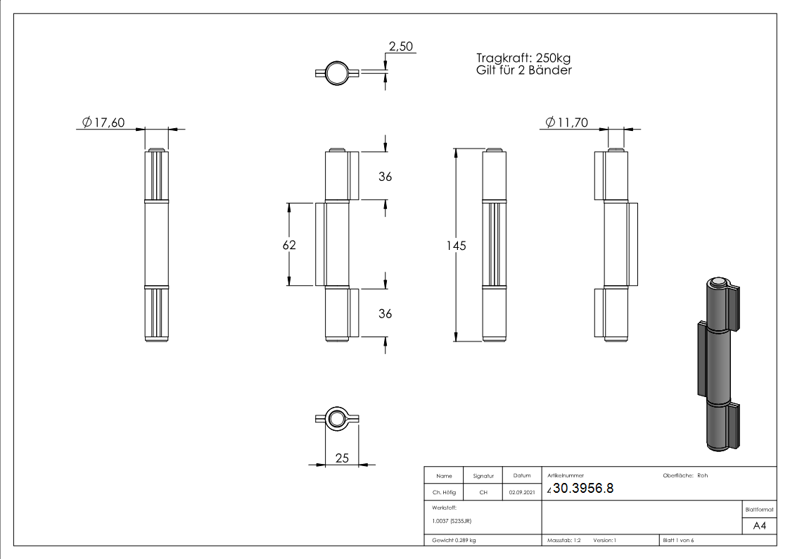 Anschweissband Stahl 3-teilig schwer Tragkraft 250 kg-30-3956.8