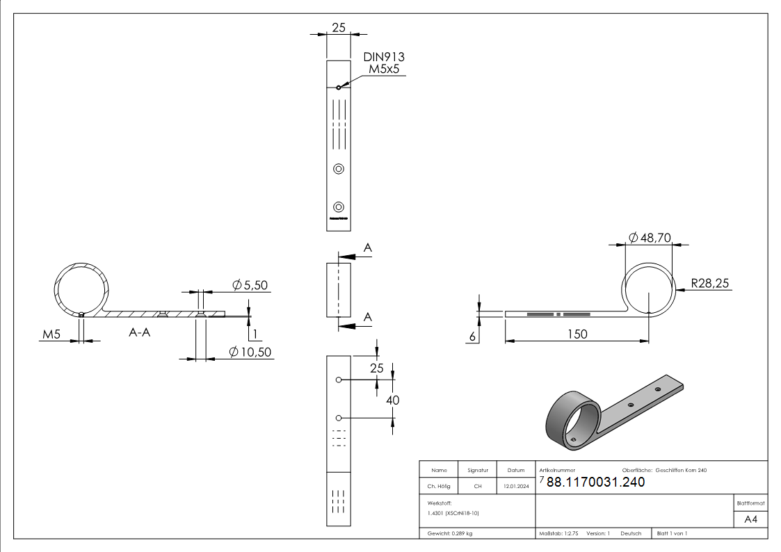 Handlaufstütze, für Rohr 48,3mm, V2A