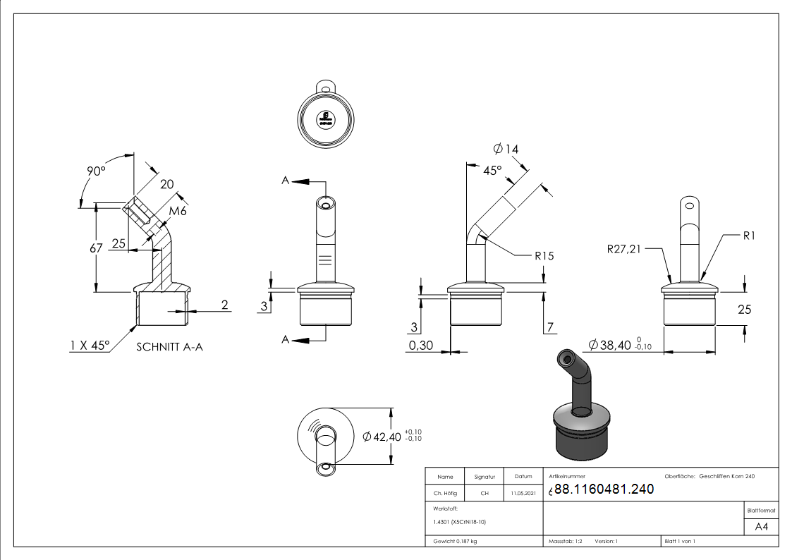 Stopfen mit Stift 135°, für Rohr 42,4 x 2,0mm