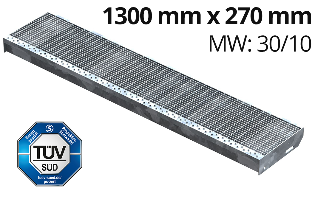 Gitterroststufe Treppenstufe Maße: 1300x270 mm 30/10 mm S235JR (St37-2), im Vollbad feuerverzinkt