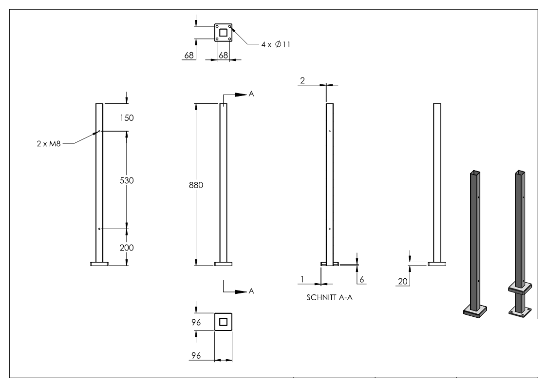 Edelstahlpfosten V2A zur Bodenmontage, Länge 880mm