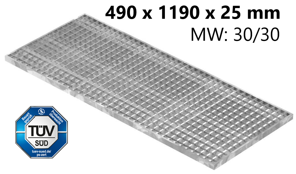 Lichtschachtrost Baunormrost | Maße:  490x1190x25 mm 30/30 mm | aus S235JR (St37-2), im Vollbad feuerverzinkt