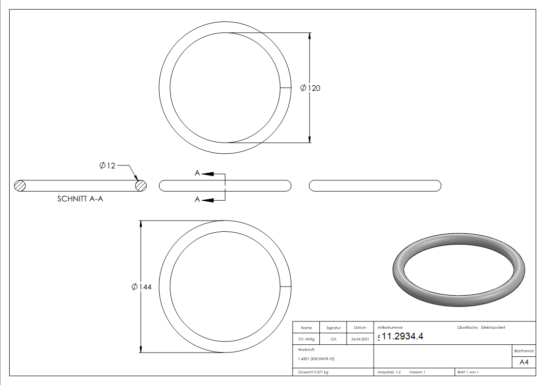 Ring | Außen-Ø: 144 mm | Materialstärke: 12 mm | V2A