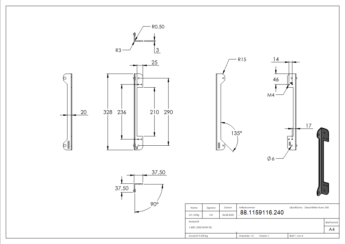 Anschlagsblech Edelstahl V2A 37-5 x 37-5 x 328 mm mit Gummipuffer geschliffen-88-1159116.240