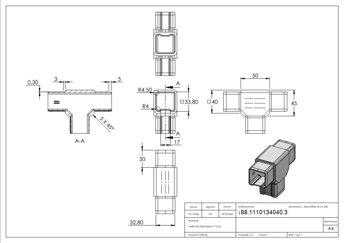 Verbindungsstück für Rohr 40x40x3mm, V4A