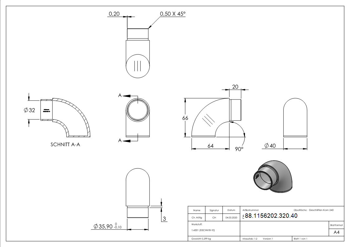 Endstück 90° flach, für Rohr 40,0 x 2,0mm