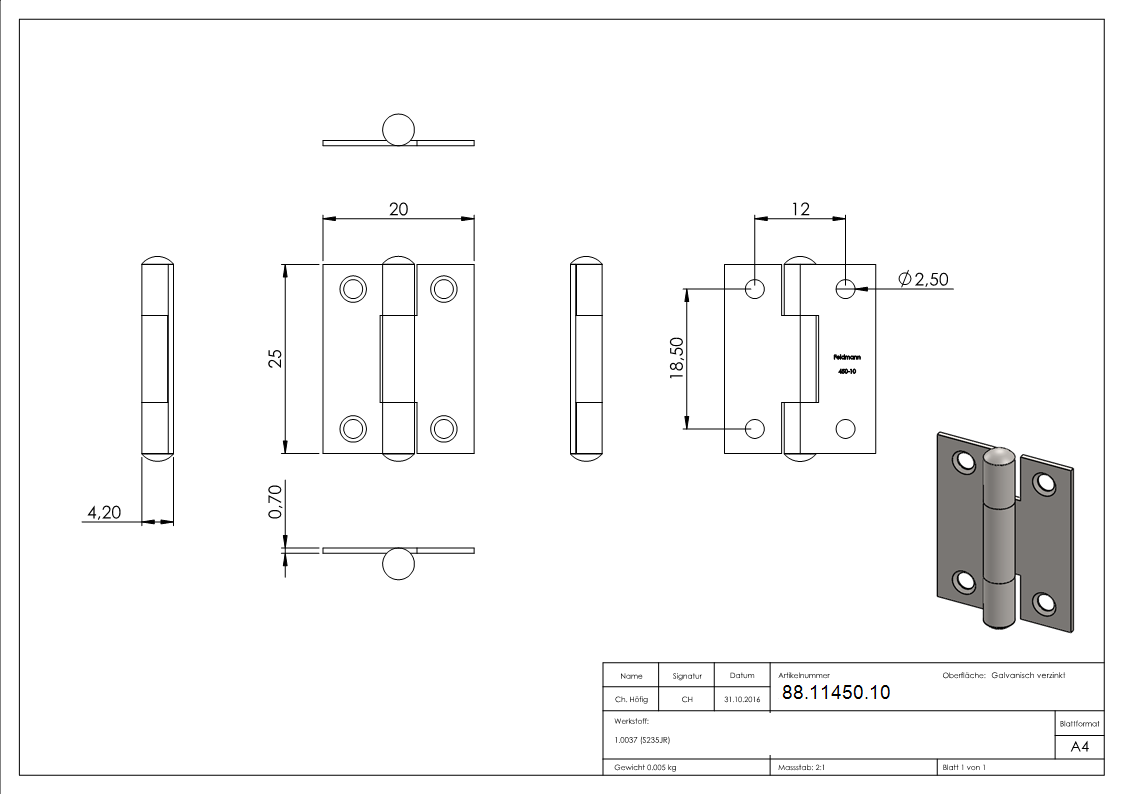 Scharnier 25 x 20mm mit festen Zapfen