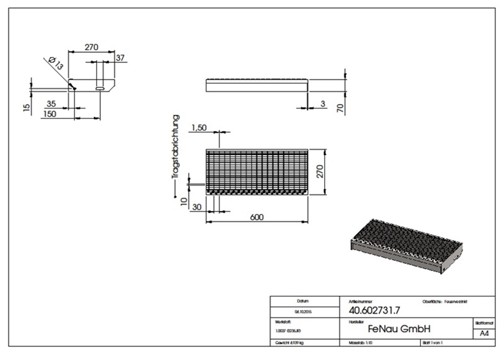 Gitterroststufe Treppenstufe | Maße: 600x270 mm 30/10 mm | S235JR (St37-2), im Vollbad feuerverzinkt