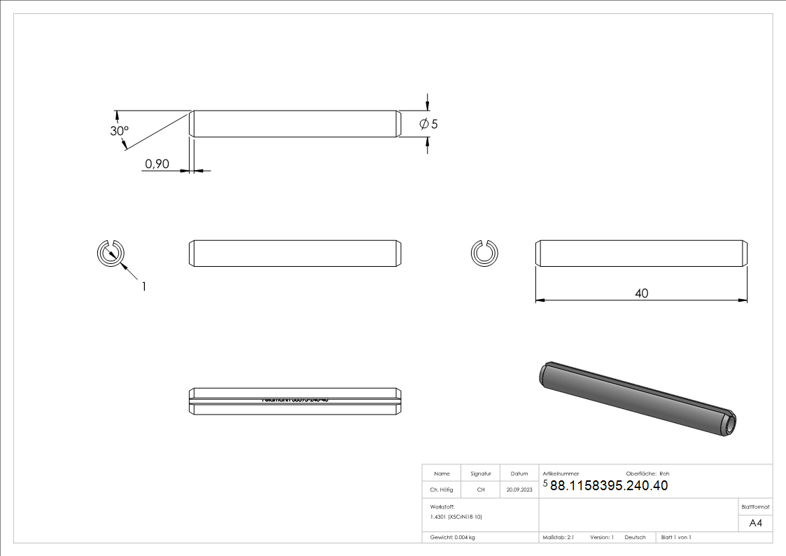 Spannstift 5 x 40, DIN 8752, 1.4310