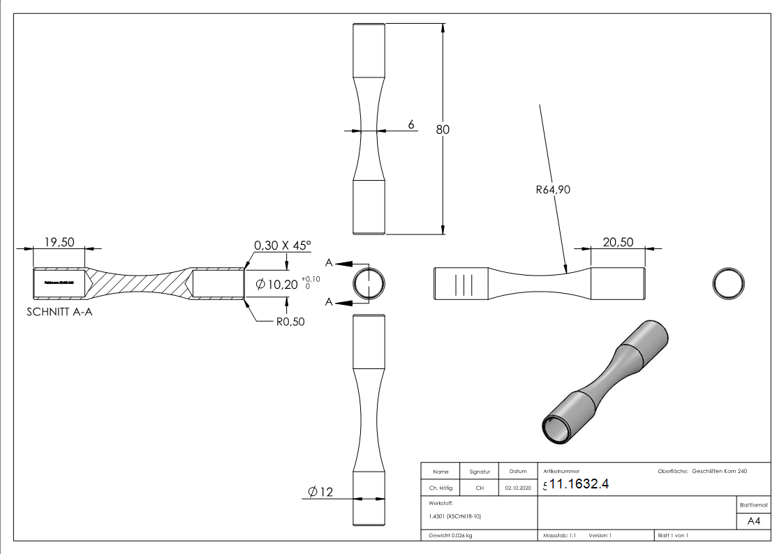 Rundstabverbinder - zum Biegen - fuer Rohr-Ø- 10 mm - V2A-11-1632.4