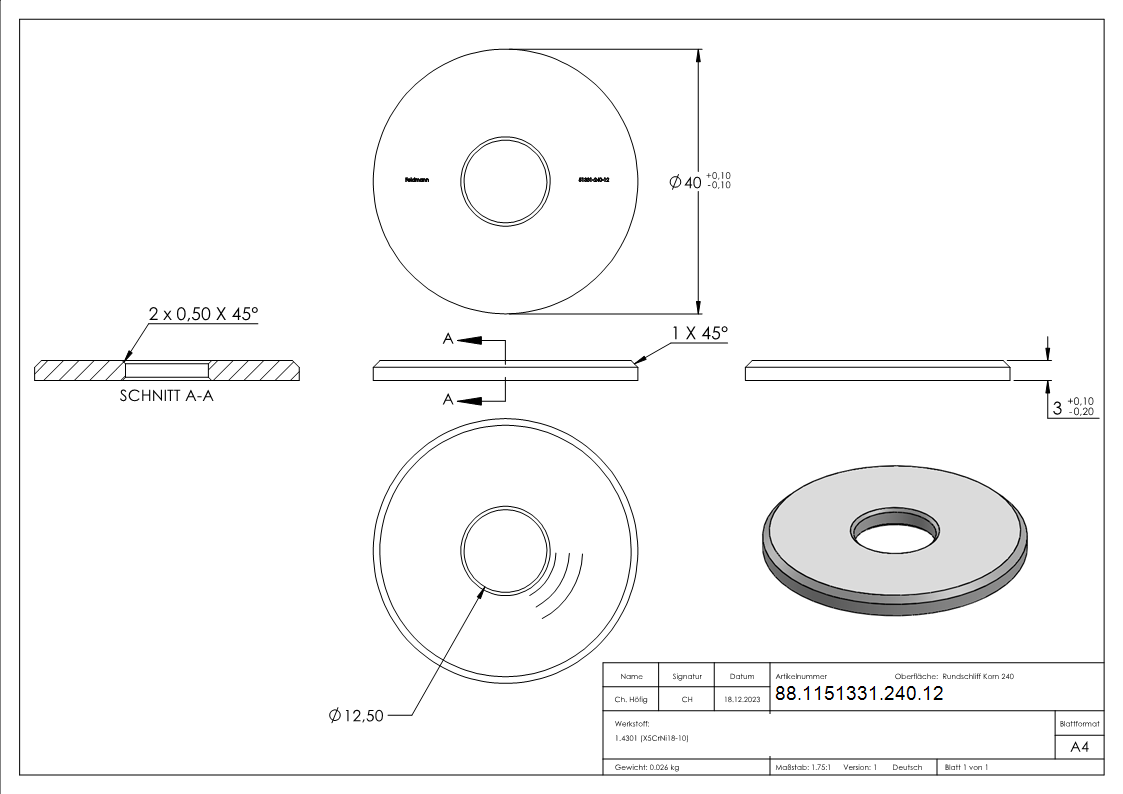Beilagscheibe Edelstahl V2A Ø 40 x 3 mm Bohrung Ø 12-5 mm mit Fase-88-1151331-240.12