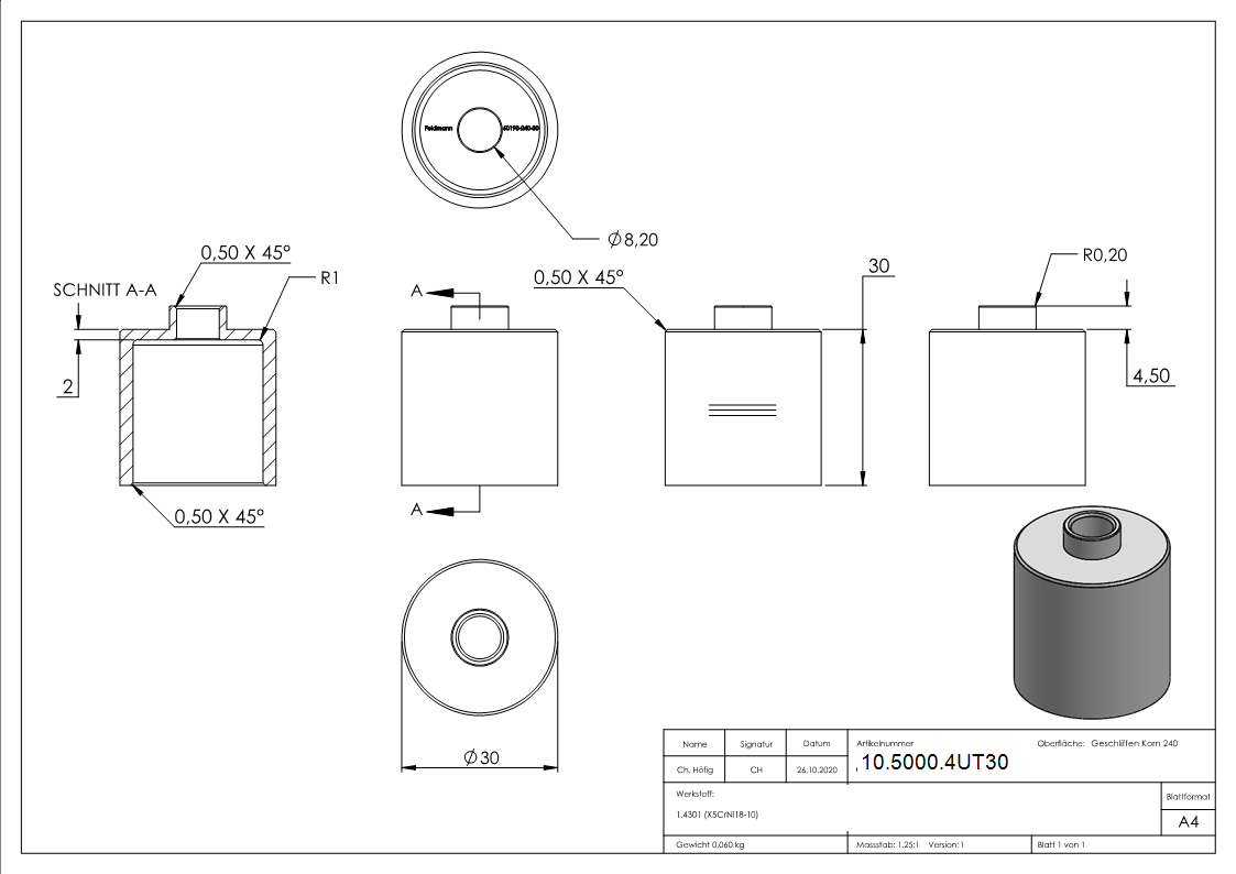 Glaspunkthalter-Unterteil Ø 30 mm- V2A- Hoehe- 30 mm-10-5000.4UT30