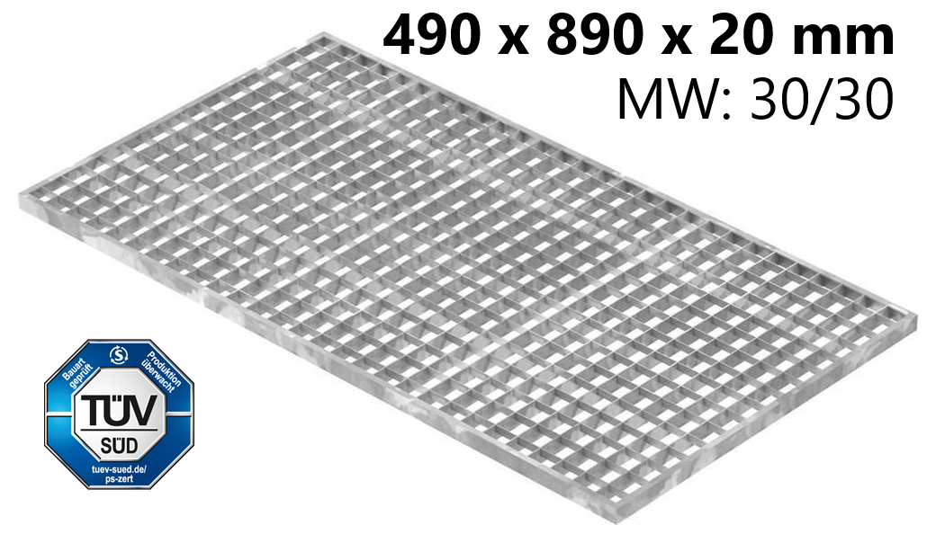 Lichtschachtrost Baunormrost | Maße:  490x890x20 mm 30/30 mm | aus S235JR (St37-2), im Vollbad feuerverzinkt