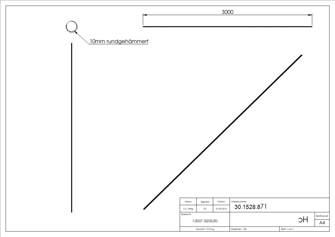 Rundeisen spindelfoermig geschmiedet Ø 10 mm Laenge- 3000 mm Stahl -Roh- S235JR-30-1528.8