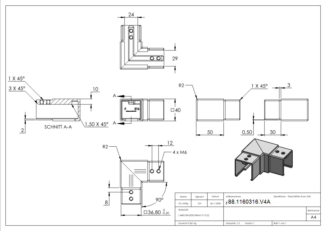 Eckbogen Edelstahl V4A fuer Nutrohr 40x40 mm horizontal-88-1160316.V4A