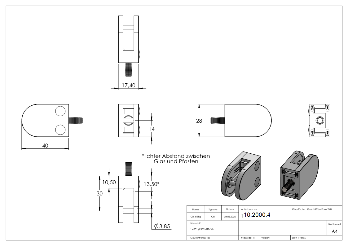 Glasklemme - Masse- 40x28x17-4 mm - Anschluss flach - V2A-10-2000.4