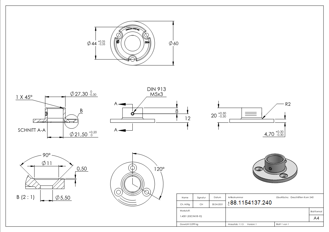 Bodenanker für Rohr 21,3mm, V2A