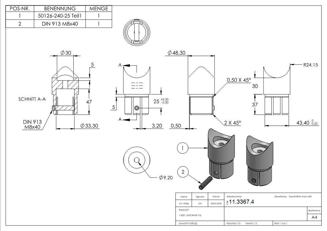 Steckfitting V2A fuer Rohr Ø 48-3 x 2-5 mm 90° Anschluss oben mit Klemmschraube-11-3367.4