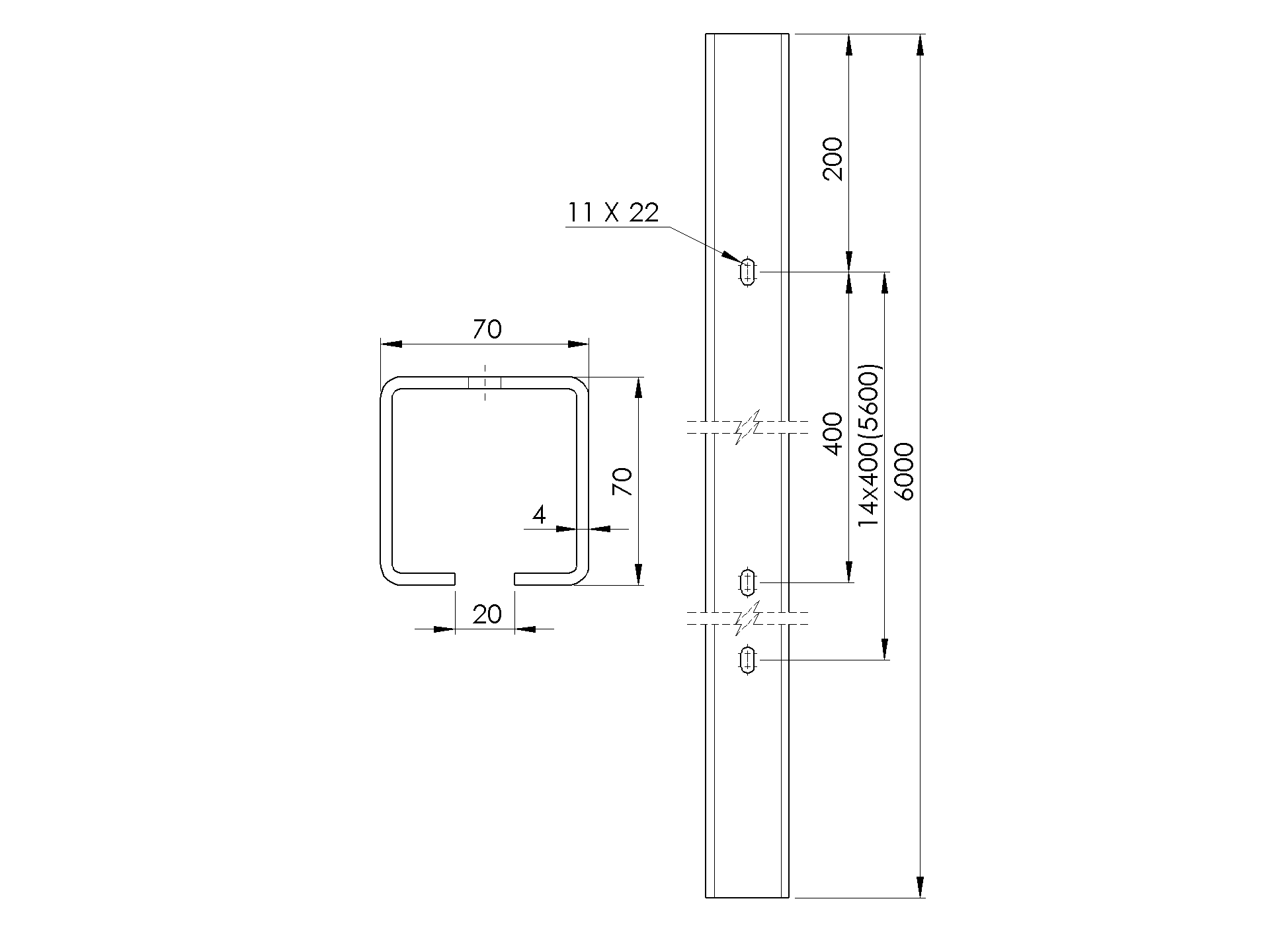 Fuehrungsprofil Stahl verzinkt 70 x 70 mm L=6000 mm fuer Schiebetore-89-11H0270X70ZND6000-A.4