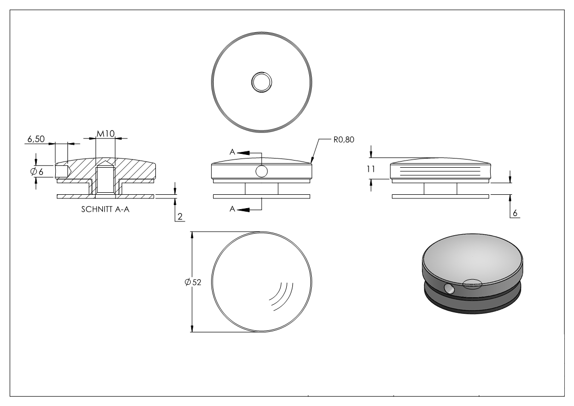 Glas-Punkthalter Oberteil | Ø 52 mm | V2A