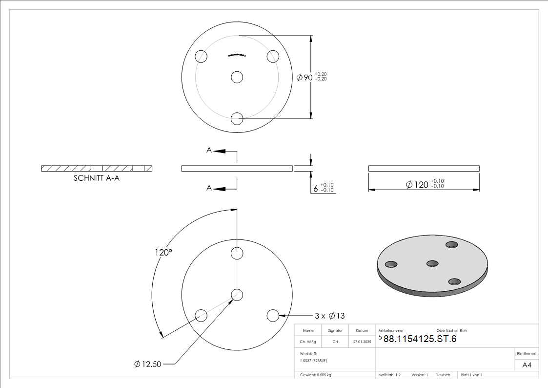 Ankerplatte Stahl roh Ø 120 x 6 mm mit 3 Bohrungen Ø 13 mm- Mittelbohrung Ø 12-5 mm-88-1154125-ST.6