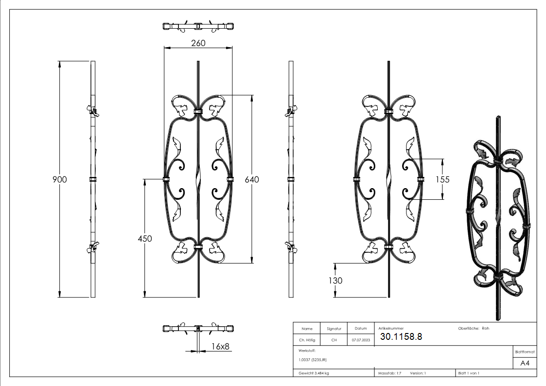 Zierstab | Länge: 900 mm | Material: 16x8 mm gerillt | Stahl S235JR, roh