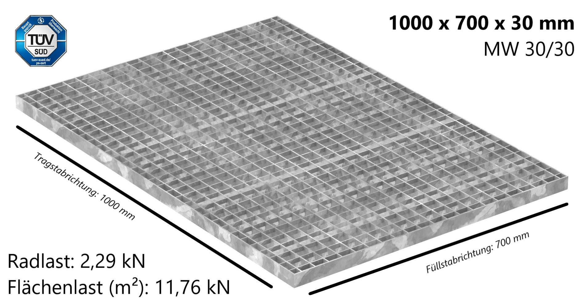 Industrie-Gitterrost | Maße: 1000x700x30 mm; MW 30/30 mm; 30/3 mm | S235JR (St37-2), im Vollbad feuerverzinkt