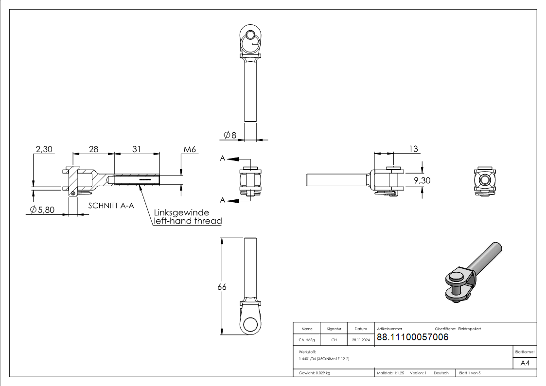 Gabelterminal Edelstahl V4A M6 Innengewinde Linksgewinde-88.11100057006