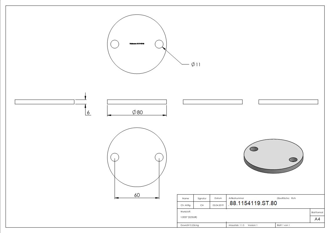 Ankerplatte 80x6 mm 2 Bohrungen |  Stahl roh