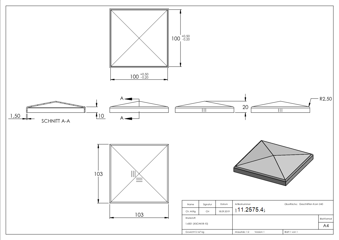 Pfostenkappe Edelstahl für Vierkantrohr: 100x100 mm geschliffen V2A