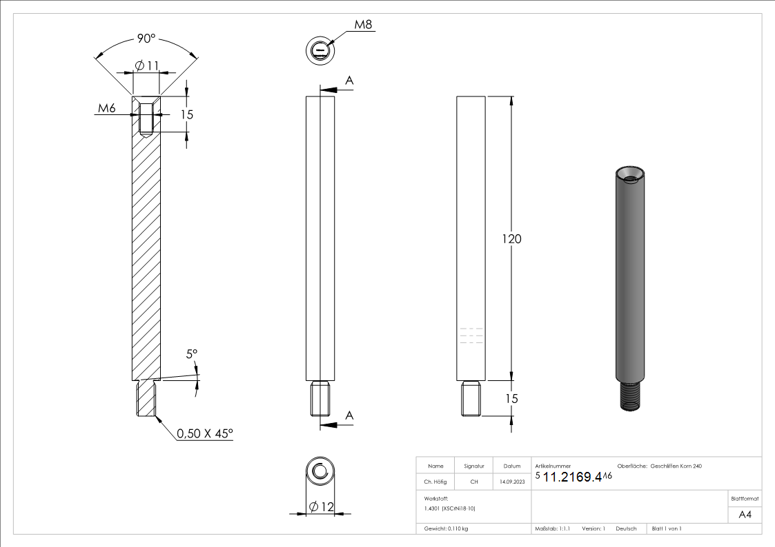 Stift | Maße: 120x12 mm | mit Außen - und Innengewinde | V2A