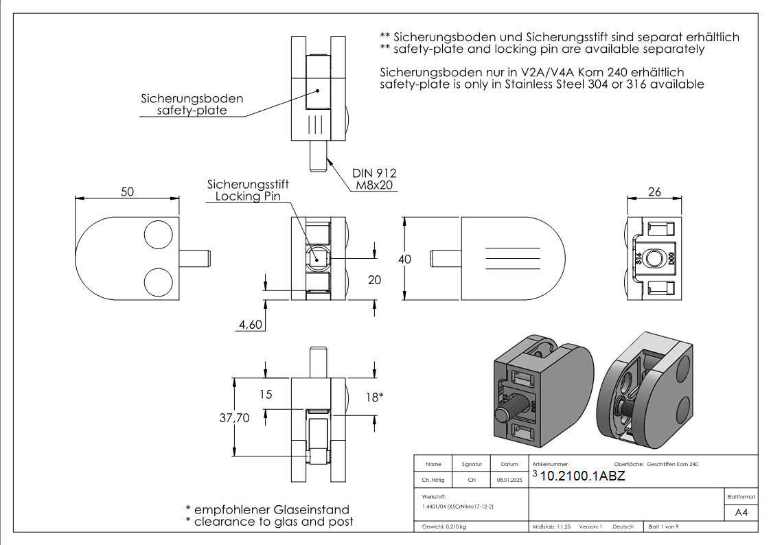 Glasklemme 50x40x26 mm AbZ fuer Anschluss flach V4A-10-2100.1ABZ