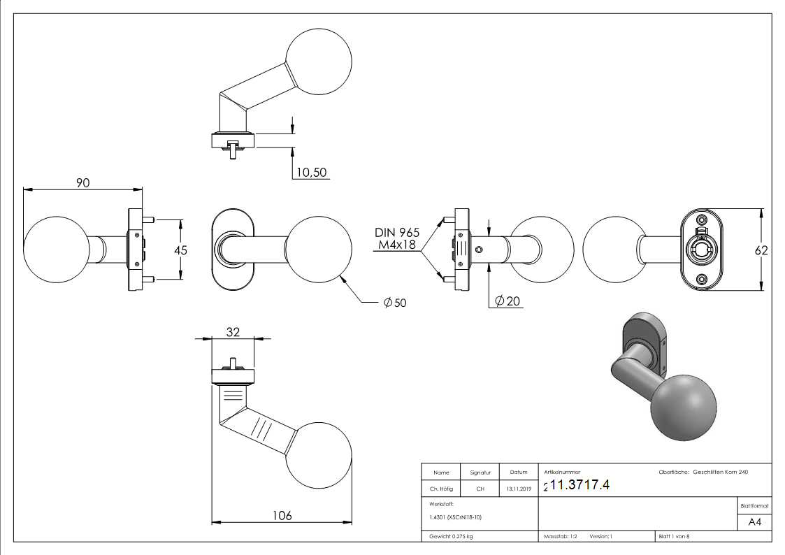 V2A Türdrücker gekröpft mit Kugel Ø 50 mm drehbar