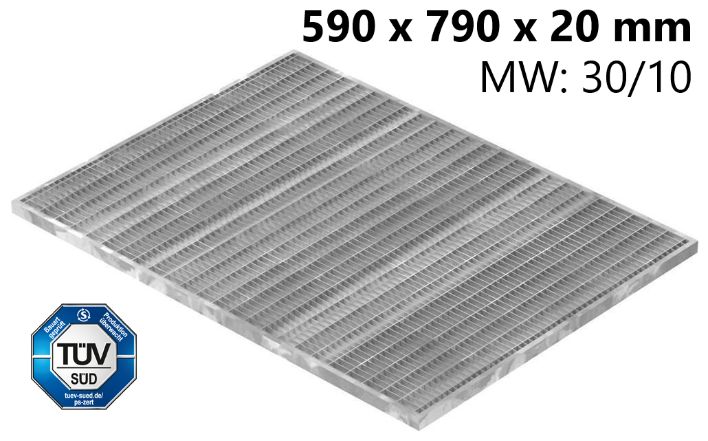 Lichtschachtrost Baunormrost | Maße:  590x790x20 mm 30/10 mm | aus S235JR (St37-2), im Vollbad feuerverzinkt