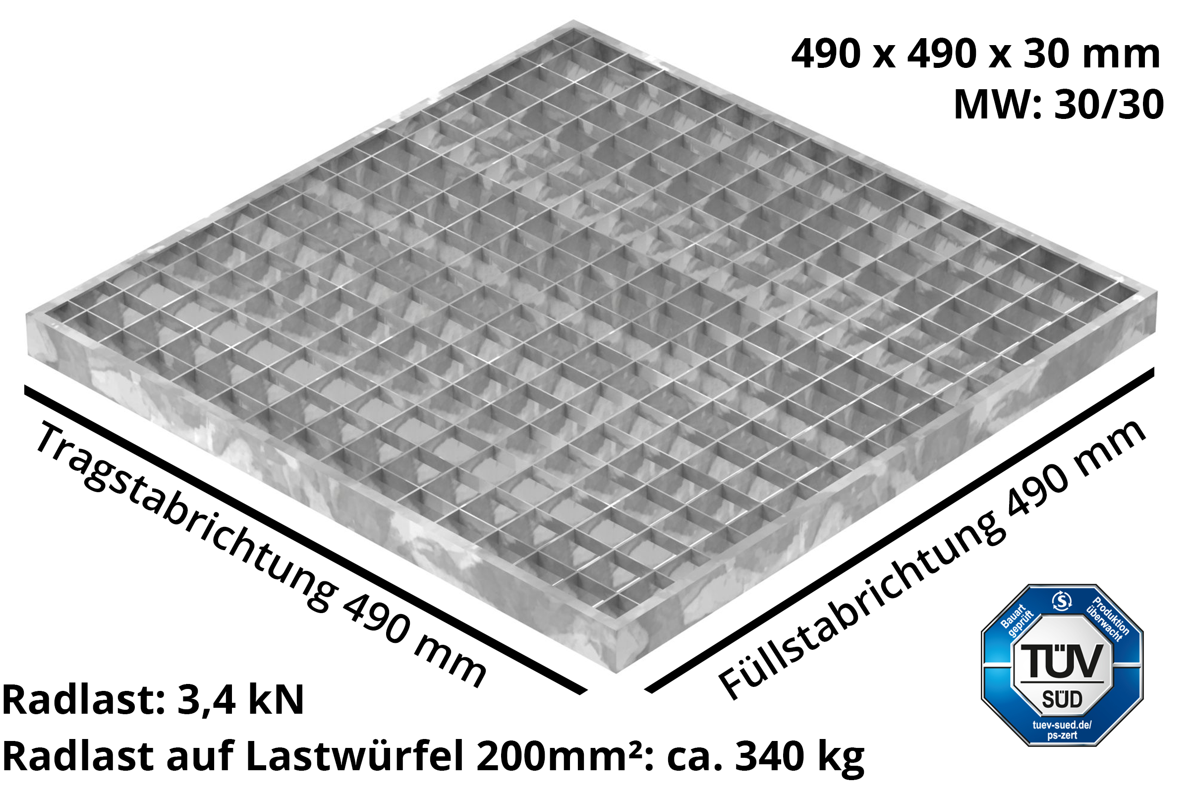 Garagen-Gitterrost | Maße:  490x490x30 mm 30/30 mm | aus S235JR (St37-2), im Vollbad feuerverzinkt