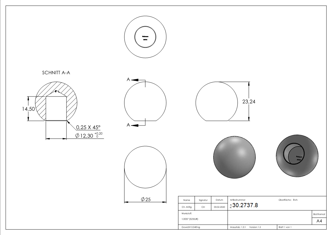 Massivkugel Stahl Ø 25 mm Bohrung Ø 12-3 mm glatt-30-2737.8