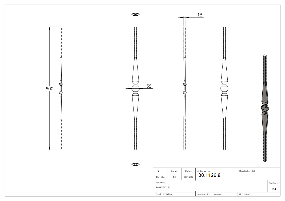 Zierstab | Länge: 900 mm | Material: 15x15 mm gehämmert | Stahl S235JR, roh
