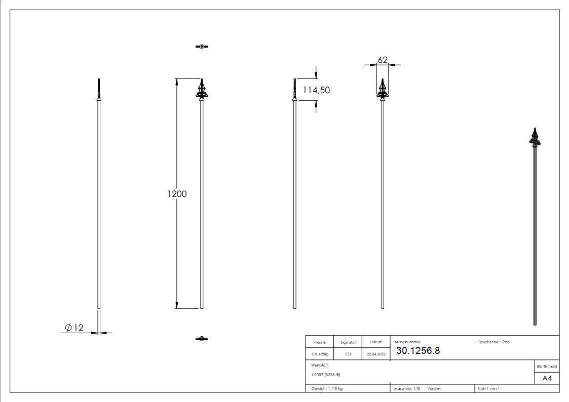 Zaunstab Länge: 1200 mm Material Ø 12 mm + Spitze Stahl S235JR, roh