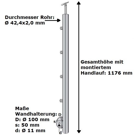 Treppenpfosten V2A H900 mm D42-4 mm Fuellung d12 mm seitliche Montage Schliff-14-0070RR-A.4