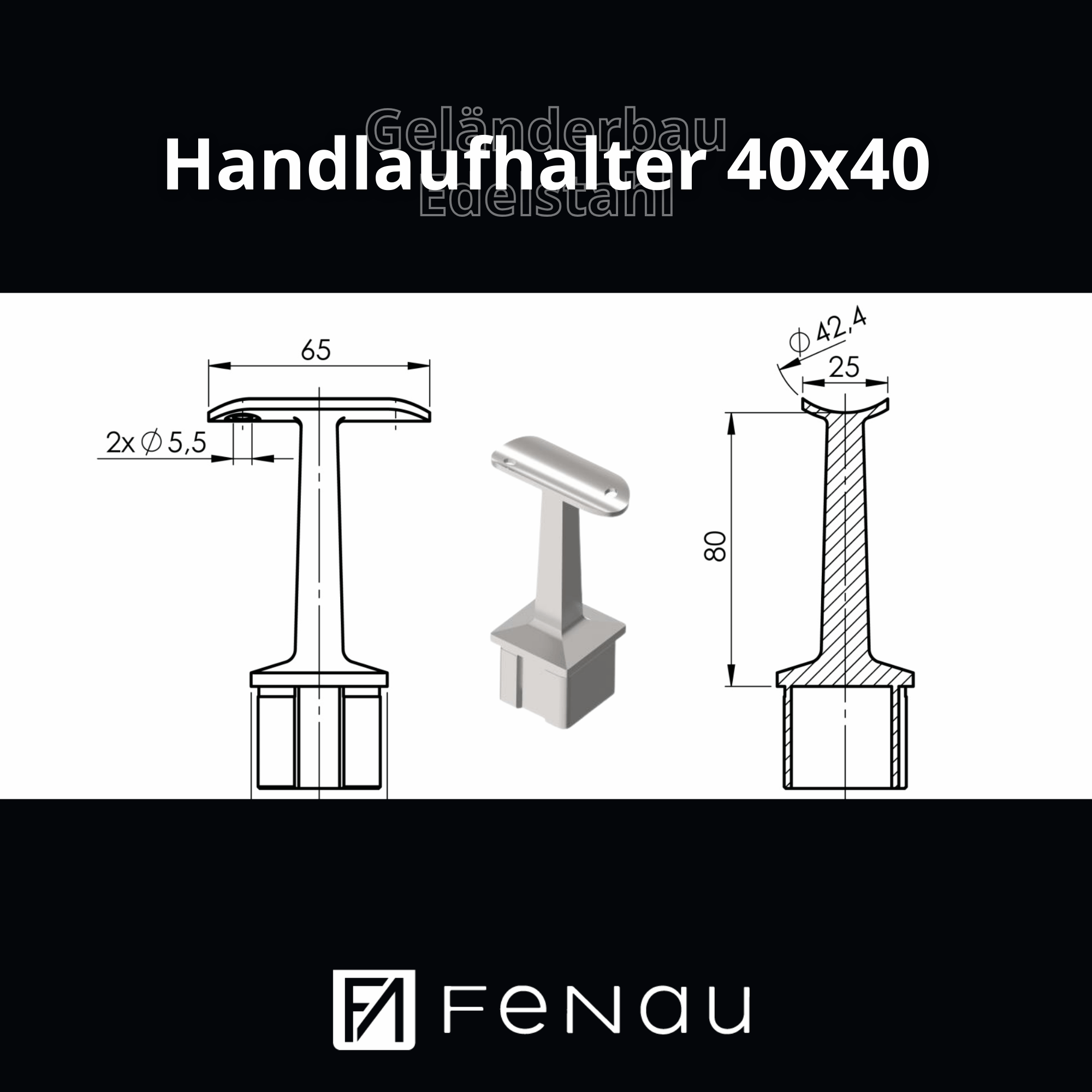 Handlaufhalter Edelstahl V2A fuer Vierkantpfosten 40x40x2 mm – fuer Rundrohr Handlauf Ø 42-4 mm-11-2710-A.4
